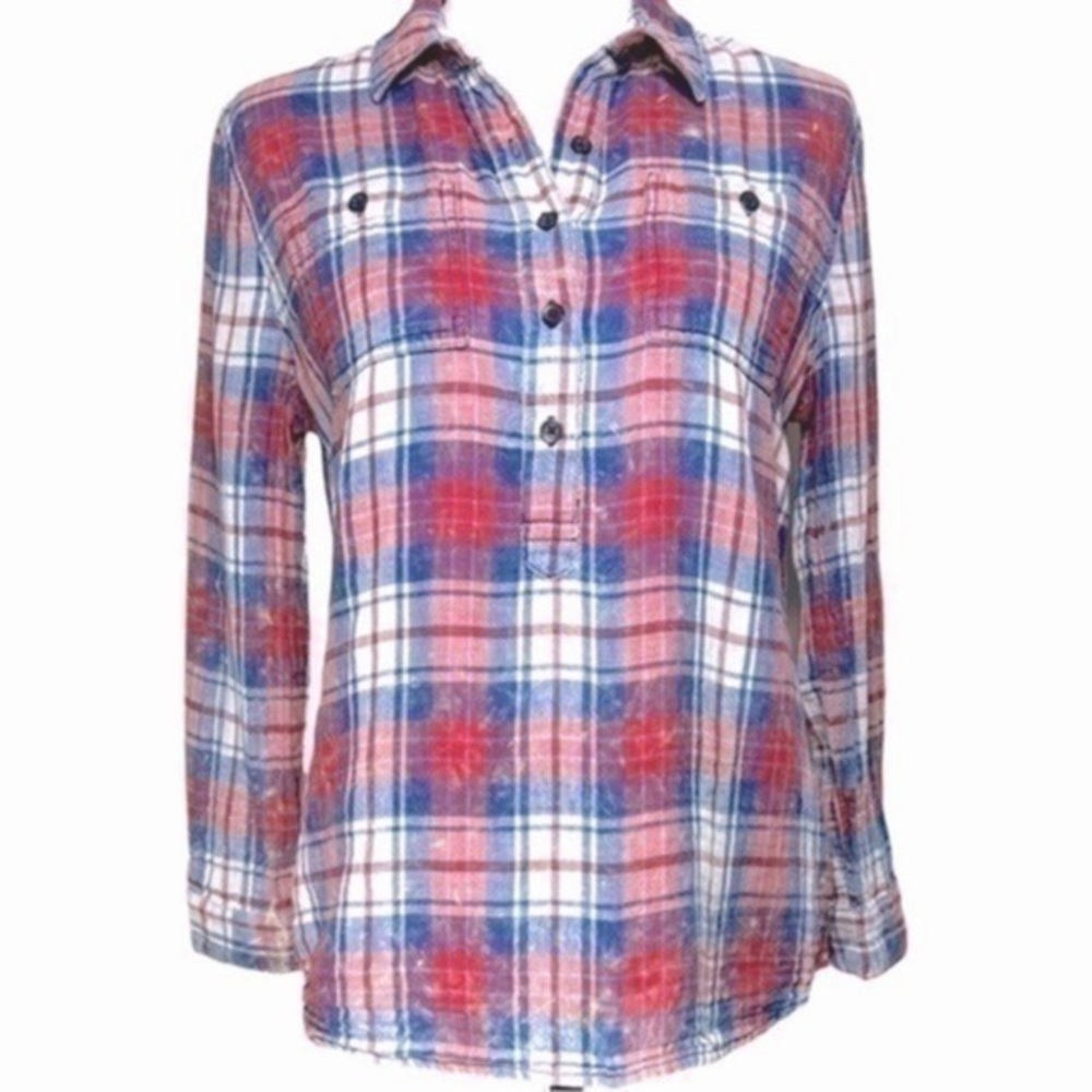 BeachLunchLounge Womens Tunic XS 1/2 Button Up Distressed Red White Blue Plaid